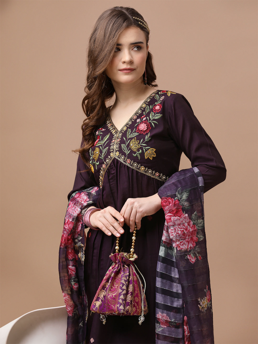Alia Cut Hand Embroidered Kurta With Pant & Dupatta Premium, Multicolor - Hiral Fashion - Distacart