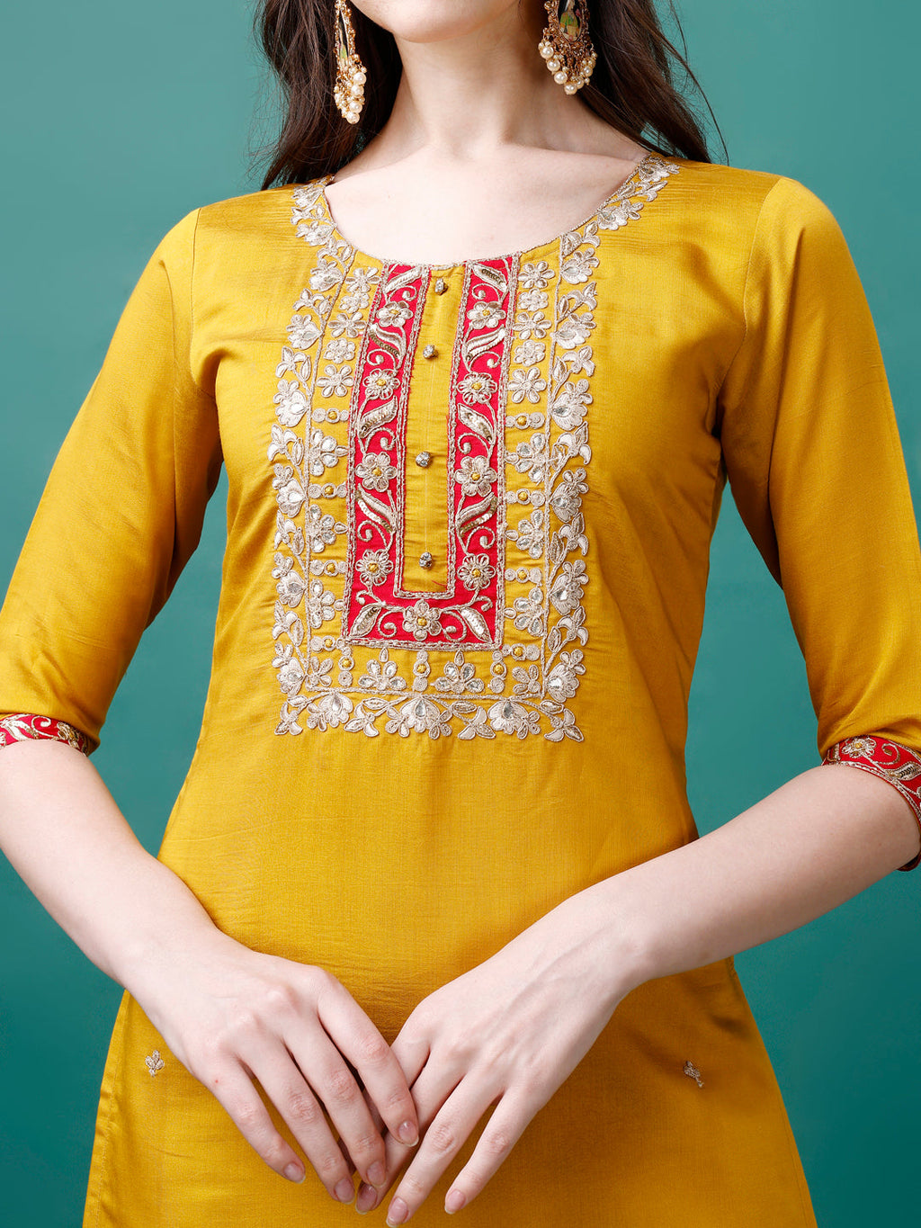 Embroidered Kurta With Pant & Banarasi Jacquard Dupatta Premium, Multicolor - Hiral Fashion