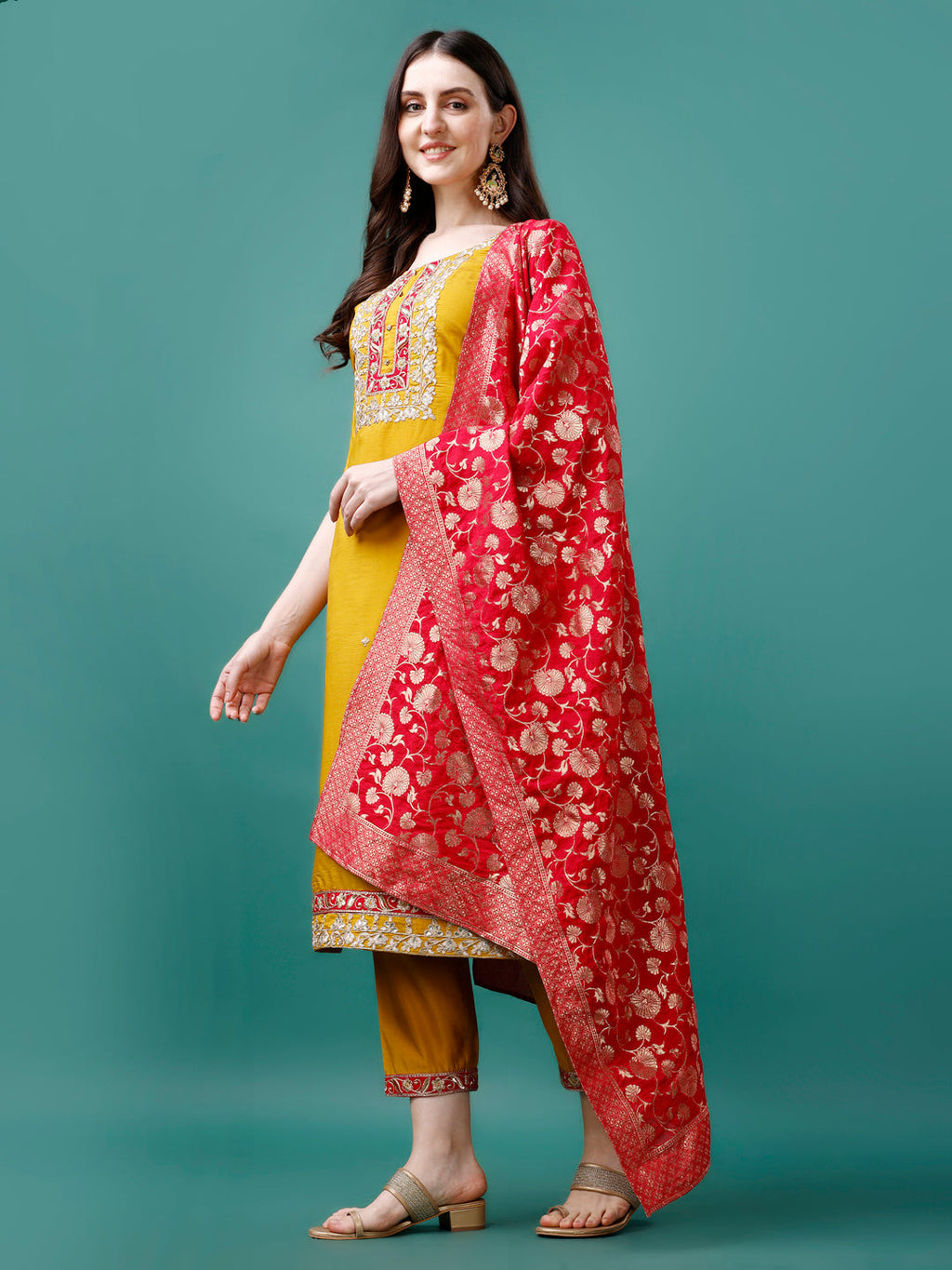 Embroidered Kurta With Pant & Banarasi Jacquard Dupatta Premium, Multicolor - Hiral Fashion
