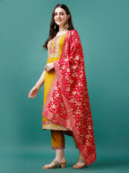 Embroidered Kurta With Pant & Banarasi Jacquard Dupatta Premium, Multicolor - Hiral Fashion