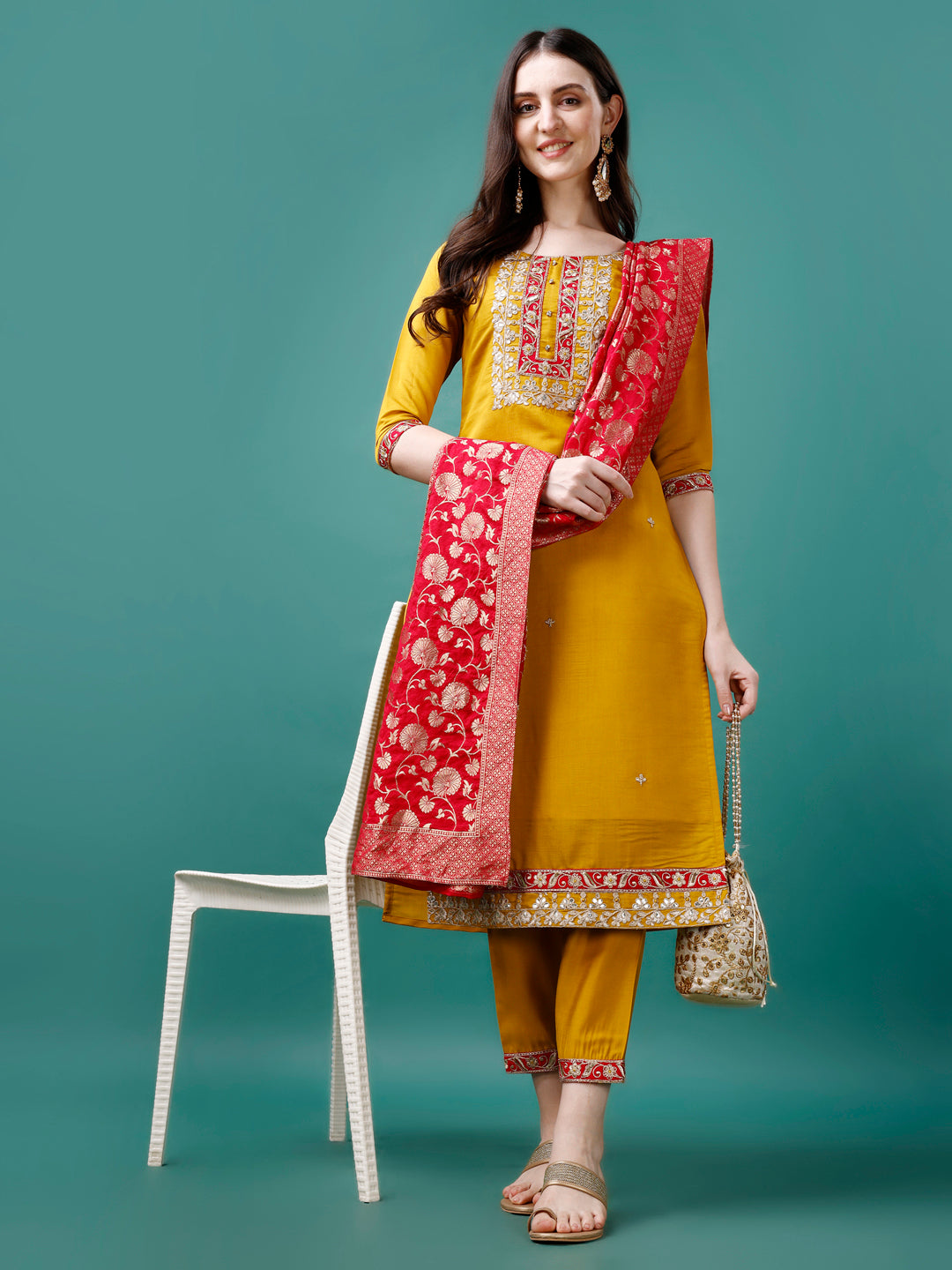 Embroidered Kurta With Pant & Banarasi Jacquard Dupatta Premium, Multicolor - Hiral Fashion