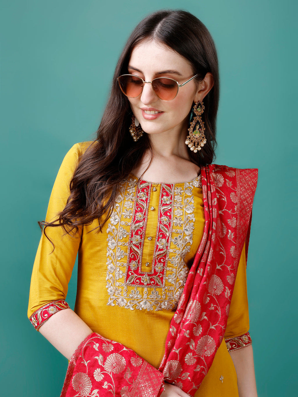 Embroidered Kurta With Pant & Banarasi Jacquard Dupatta Premium, Multicolor - Hiral Fashion