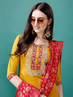 Embroidered Kurta With Pant & Banarasi Jacquard Dupatta Premium, Multicolor - Hiral Fashion