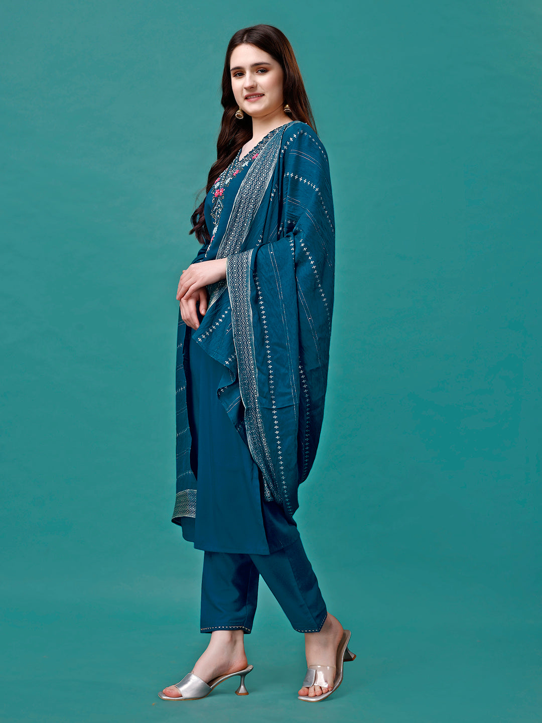 Hand Embroidered Kurta With Pant & Dupatta Luxury, Multicolor - Hiral Fashion