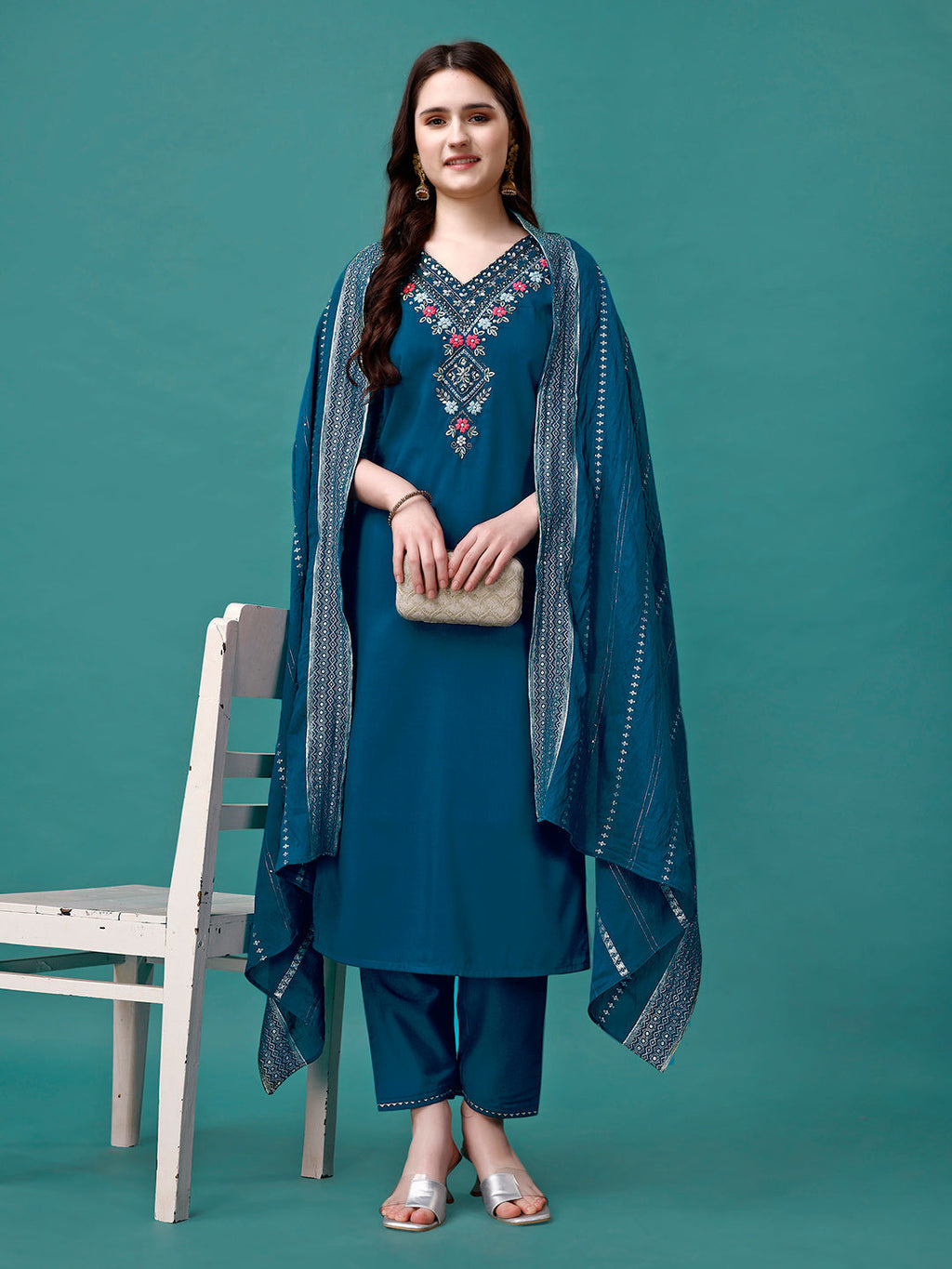 Hand Embroidered Kurta With Pant & Dupatta Luxury, Multicolor - Hiral Fashion