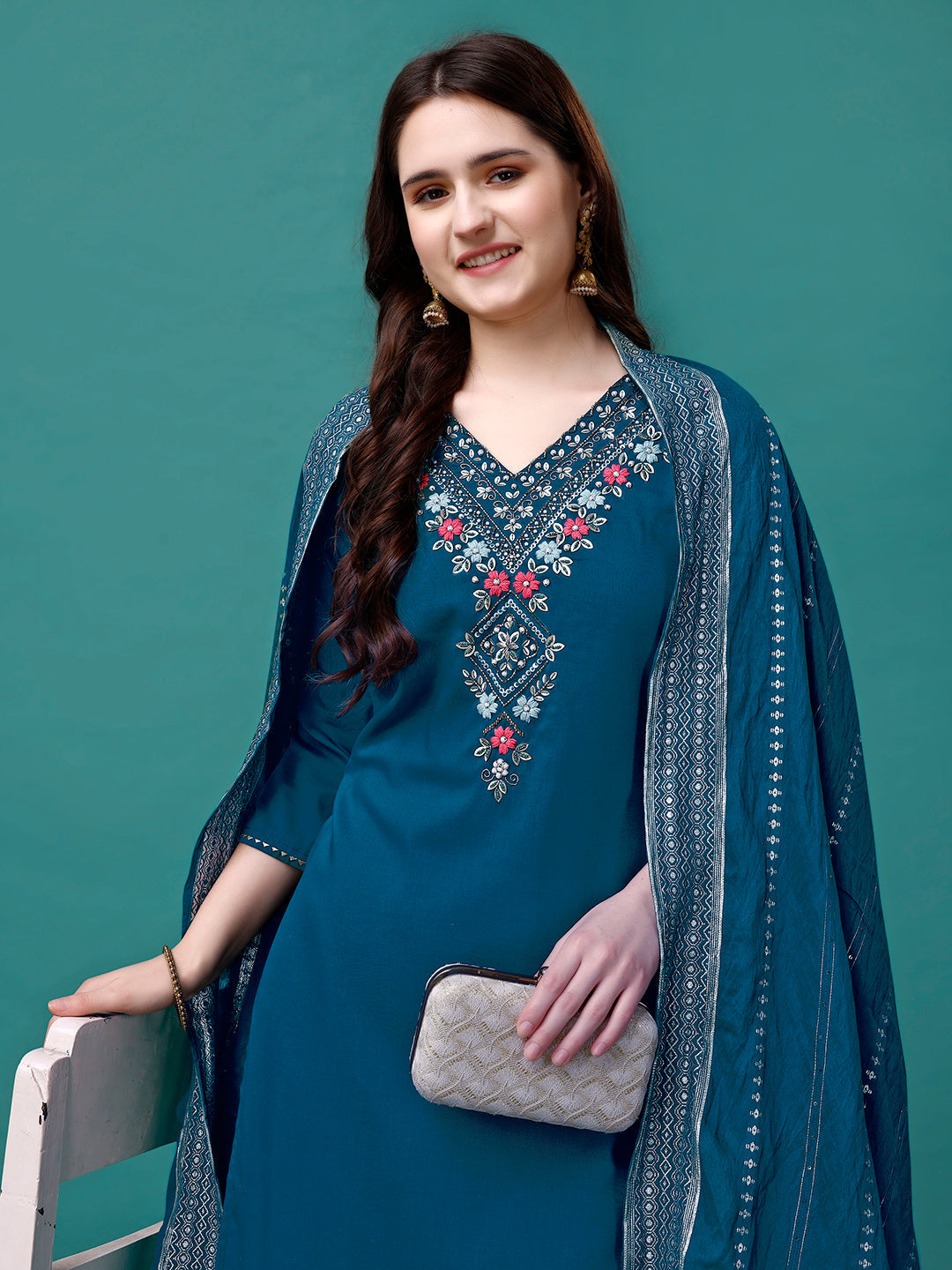 Hand Embroidered Kurta With Pant & Dupatta Luxury, Multicolor - Hiral Fashion
