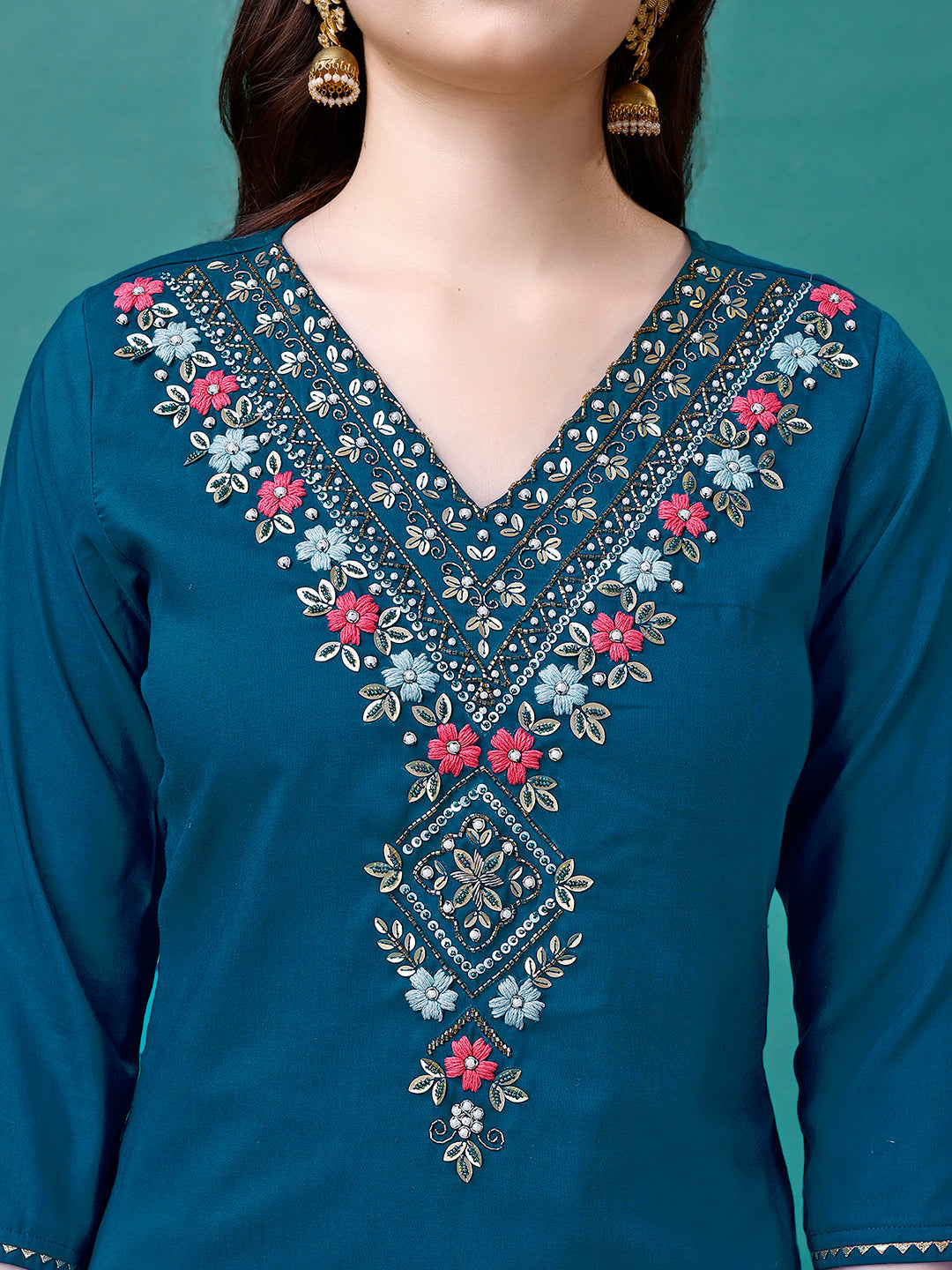 Hand Embroidered Kurta With Pant & Dupatta Luxury, Multicolor - Hiral Fashion