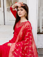 Hand Embroidered Rani Kurta With Pant & Banarasi Jacquard Dupatta Premium, Multicolor - Hiral Fashion