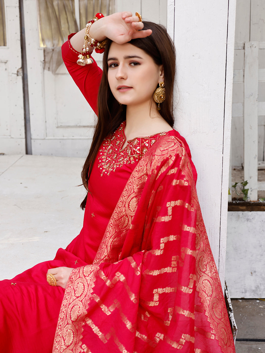 Hand Embroidered Rani Kurta With Pant & Banarasi Jacquard Dupatta Premium, Multicolor - Hiral Fashion
