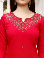 Hand Embroidered Rani Kurta With Pant & Banarasi Jacquard Dupatta Premium, Multicolor - Hiral Fashion