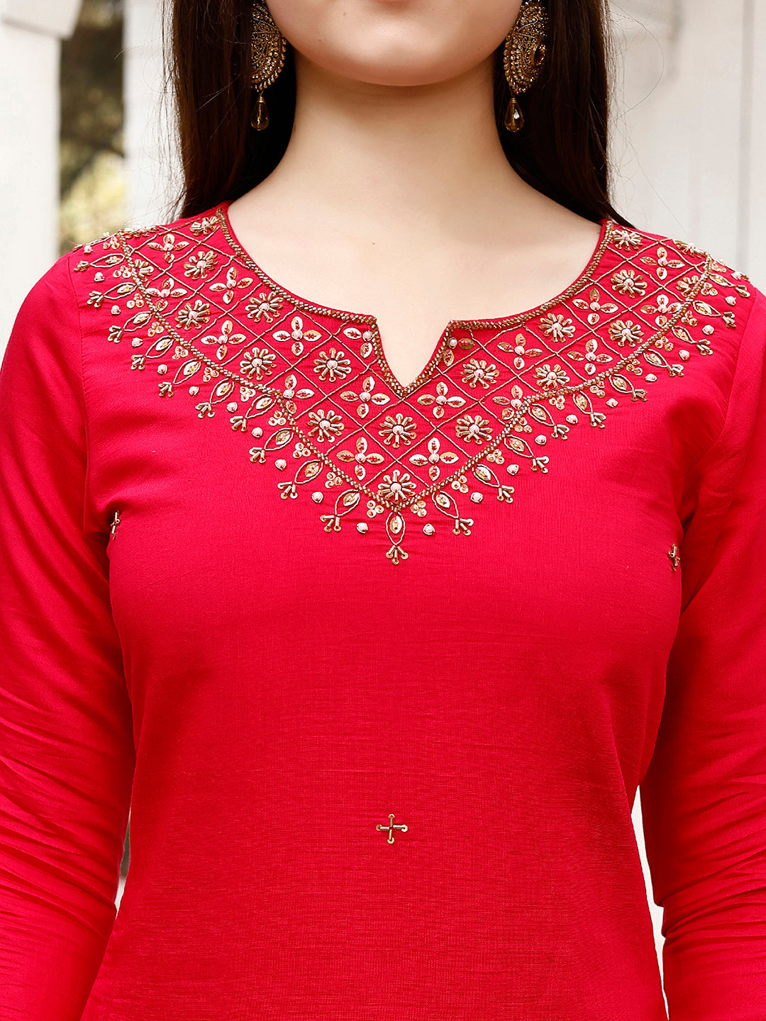 Hand Embroidered Rani Kurta With Pant & Banarasi Jacquard Dupatta Premium, Multicolor - Hiral Fashion