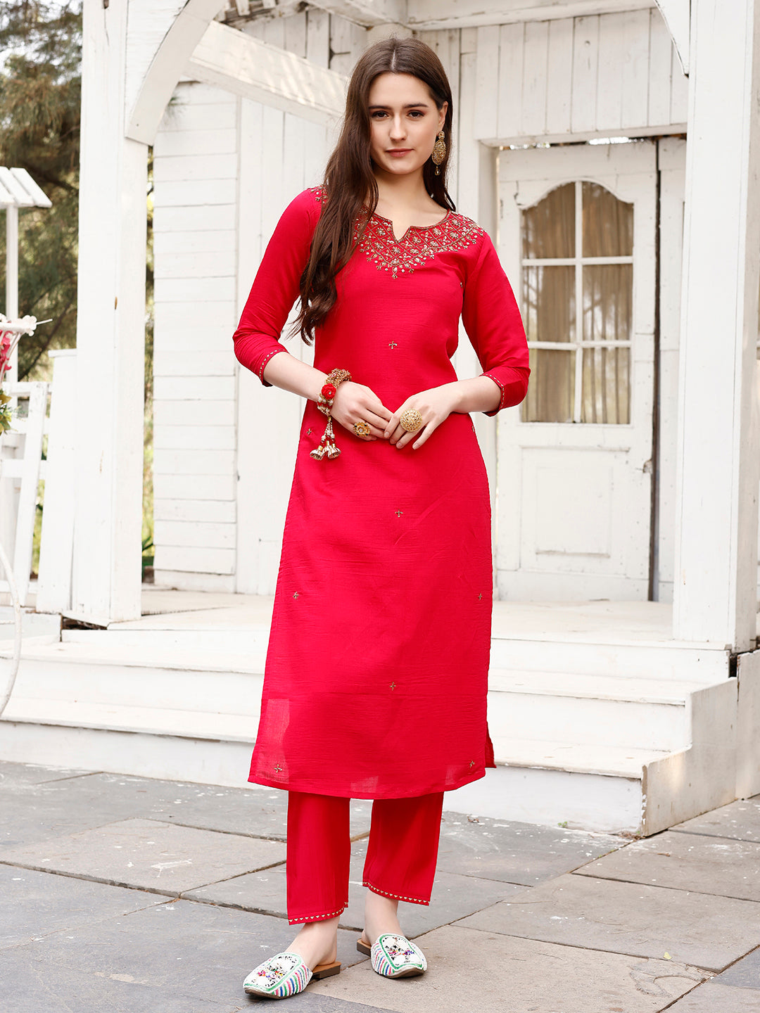 Hand Embroidered Rani Kurta With Pant & Banarasi Jacquard Dupatta Premium, Multicolor - Hiral Fashion