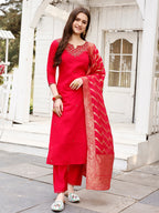 Hand Embroidered Rani Kurta With Pant & Banarasi Jacquard Dupatta Premium, Multicolor - Hiral Fashion