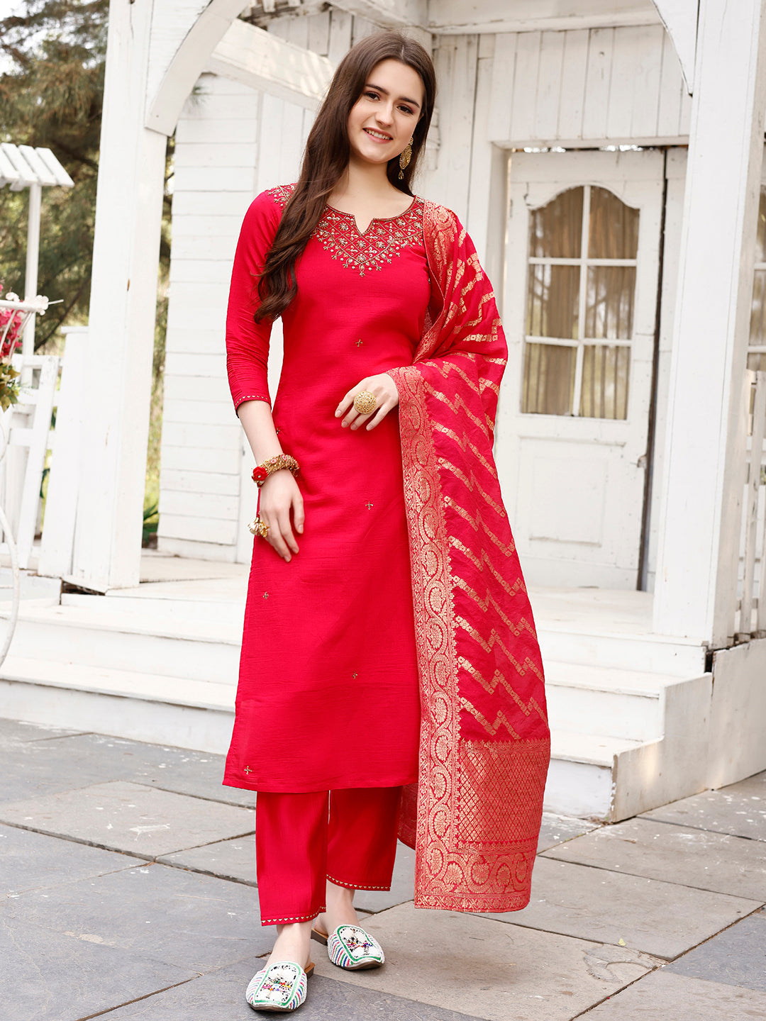 Hand Embroidered Rani Kurta With Pant & Banarasi Jacquard Dupatta Premium, Multicolor - Hiral Fashion