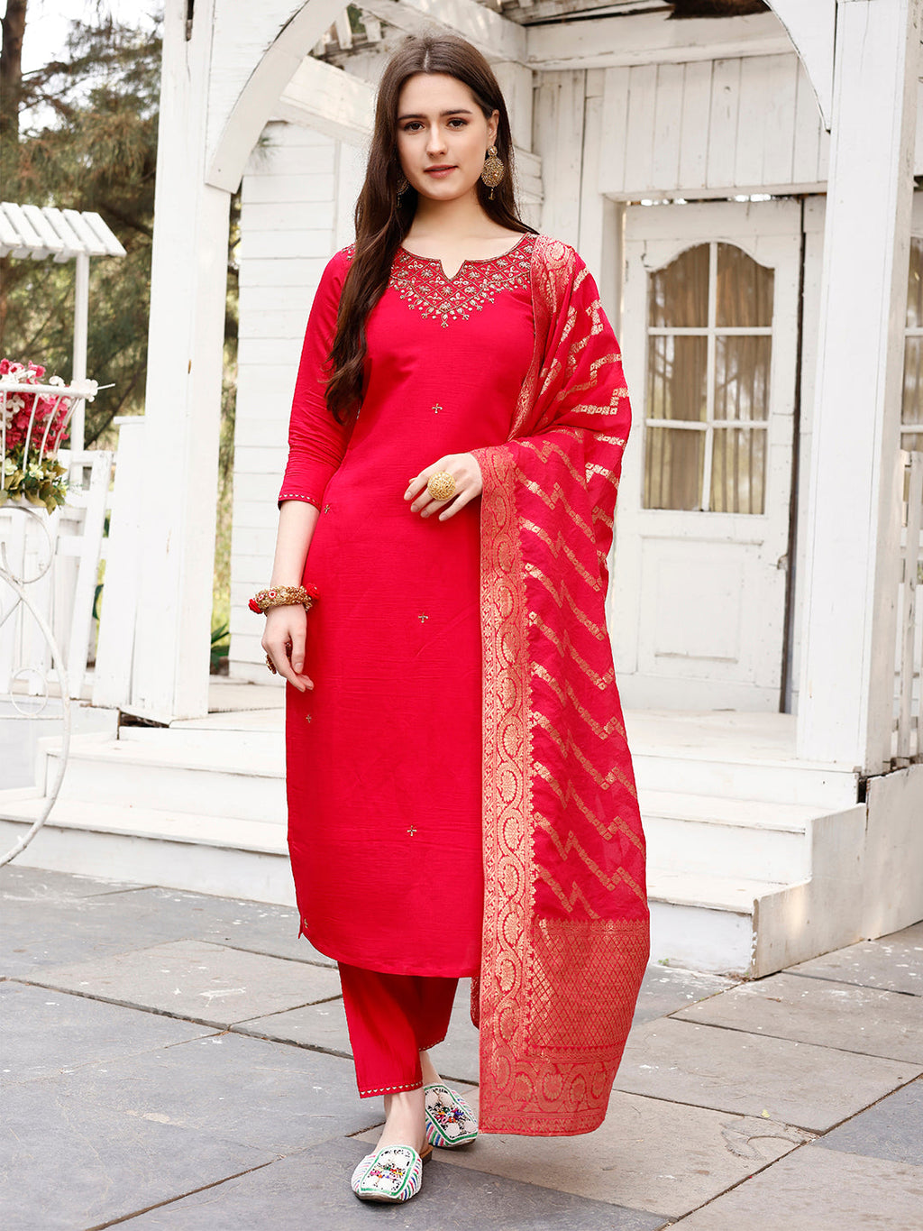 Hand Embroidered Rani Kurta With Pant & Banarasi Jacquard Dupatta Premium, Multicolor - Hiral Fashion