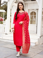 Hand Embroidered Rani Kurta With Pant & Banarasi Jacquard Dupatta Premium, Multicolor - Hiral Fashion