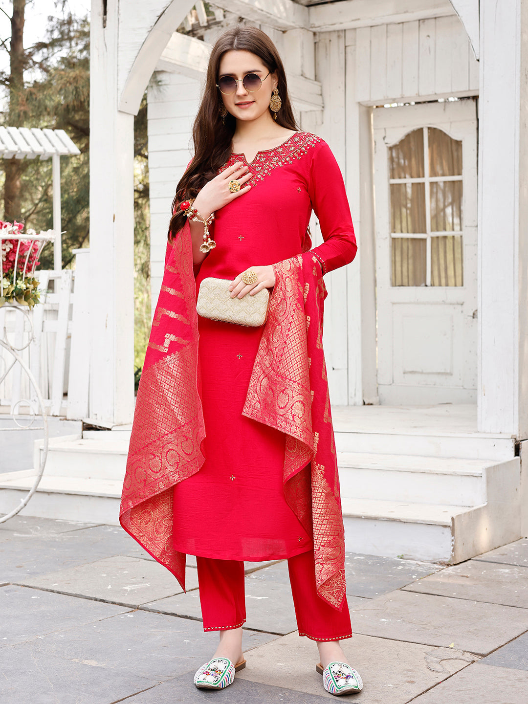 Hand Embroidered Rani Kurta With Pant & Banarasi Jacquard Dupatta Premium, Multicolor - Hiral Fashion