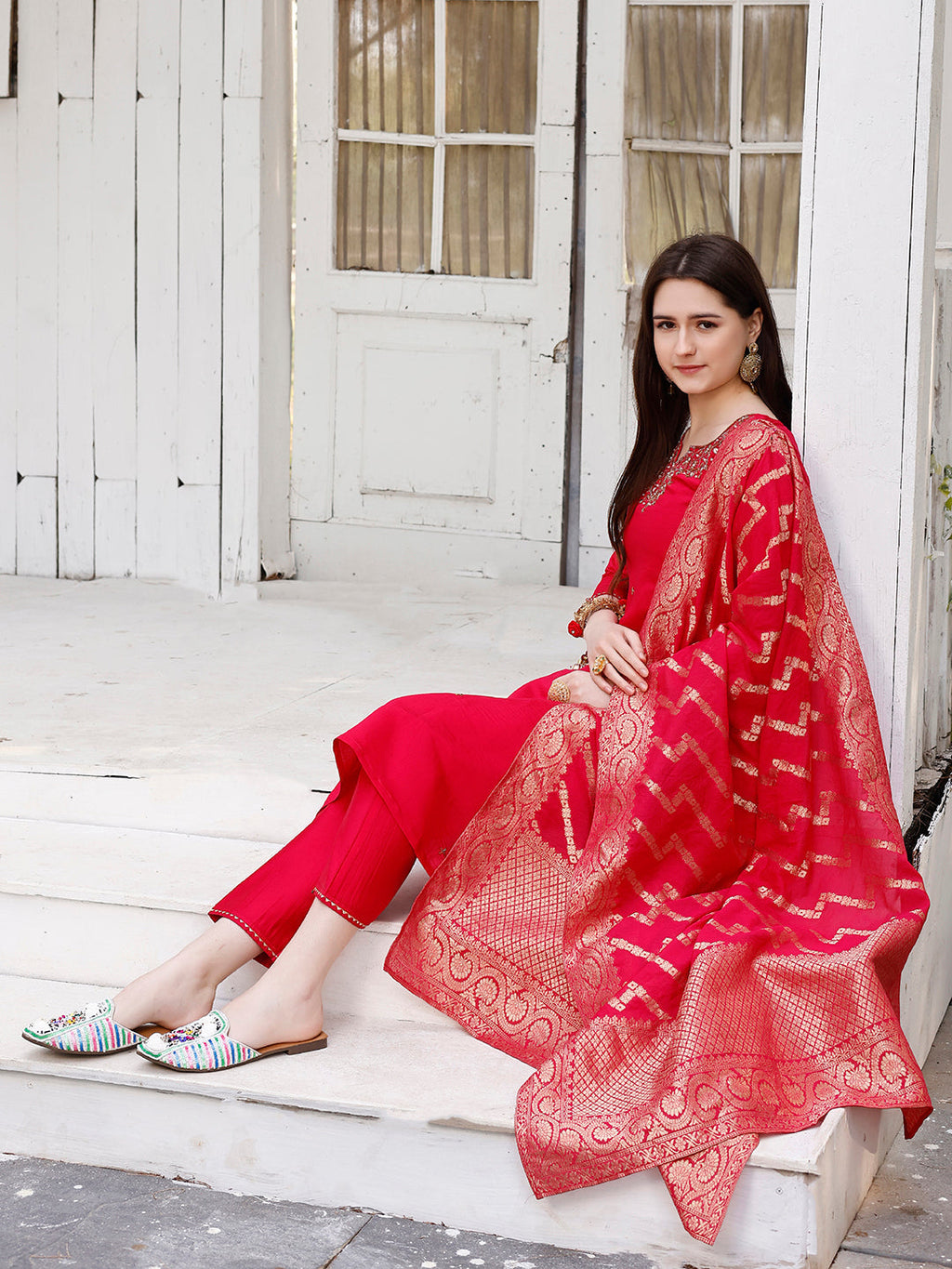 Hand Embroidered Rani Kurta With Pant & Banarasi Jacquard Dupatta Premium, Multicolor - Hiral Fashion