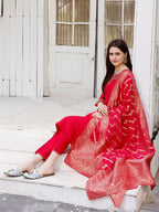 Hand Embroidered Rani Kurta With Pant & Banarasi Jacquard Dupatta Premium, Multicolor - Hiral Fashion