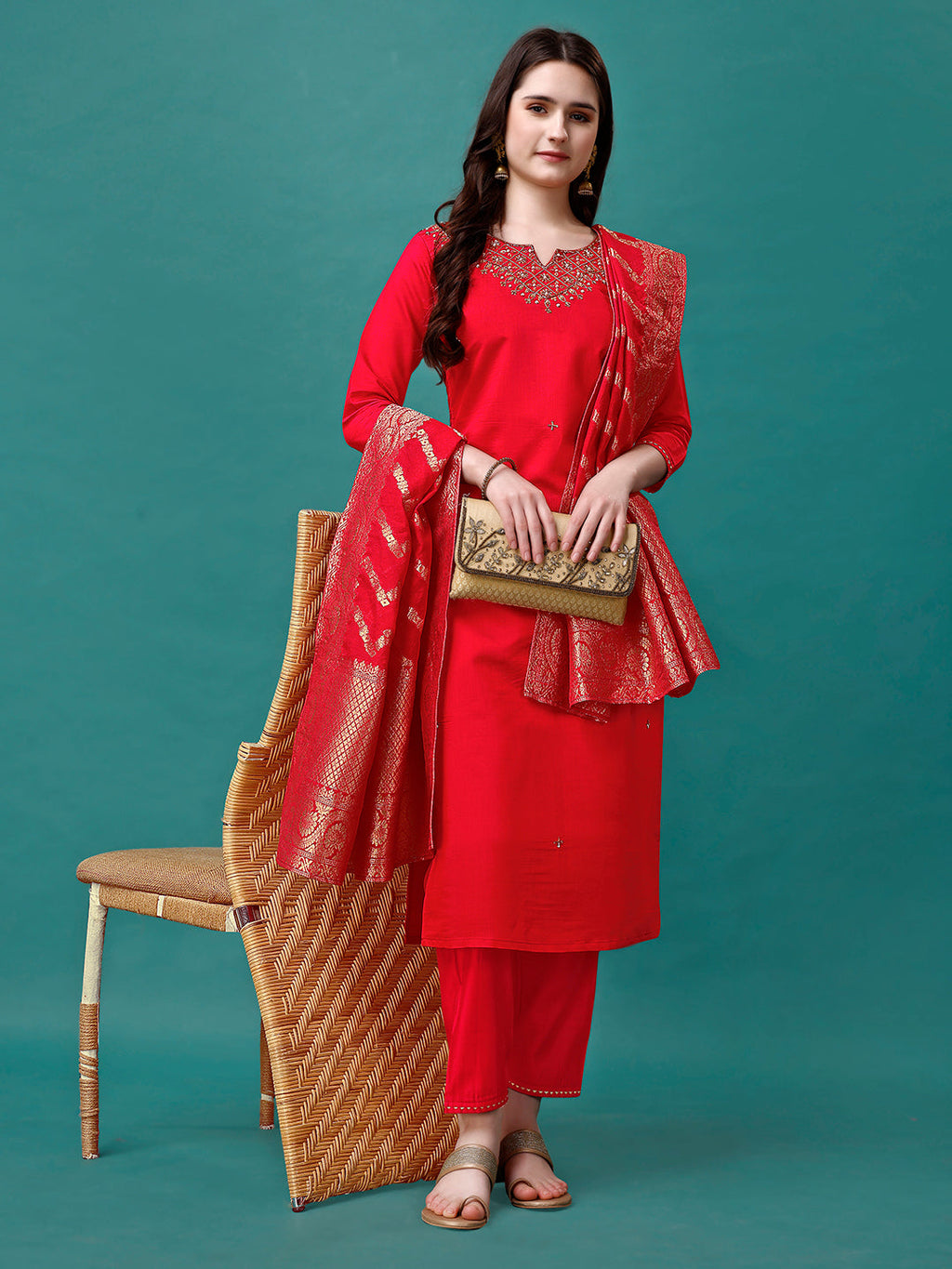 Hand Embroidered Kurta With Pant & Banarasi Jacquard Dupatta Premium, Multicolor - Hiral Fashion - Distacart