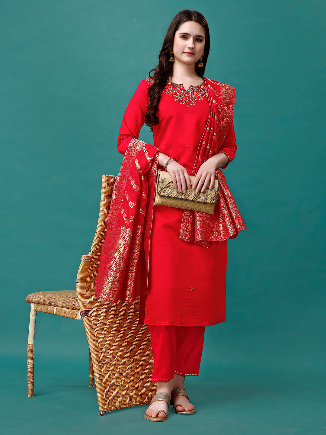 Hand Embroidered Kurta With Pant & Banarasi Jacquard Dupatta Premium, Multicolor - Hiral Fashion - Distacart