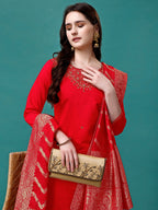 Hand Embroidered Kurta With Pant & Banarasi Jacquard Dupatta Premium, Multicolor - Hiral Fashion - Distacart