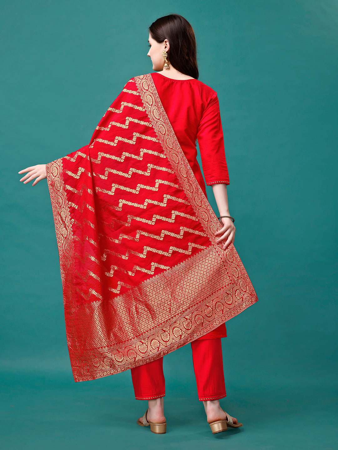 Hand Embroidered Kurta With Pant & Banarasi Jacquard Dupatta Premium, Multicolor - Hiral Fashion - Distacart