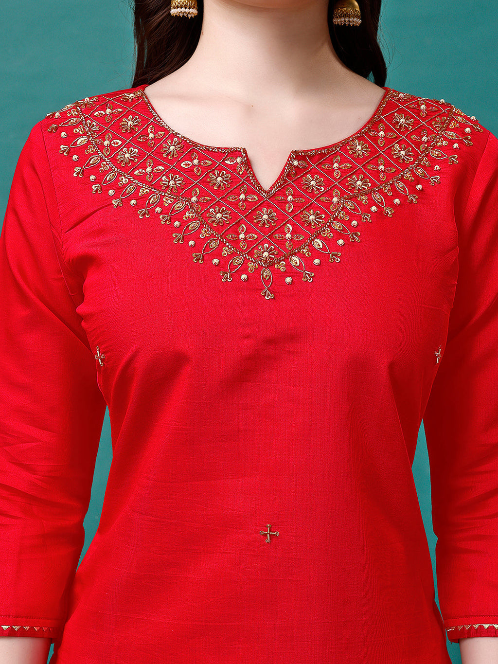 Hand Embroidered Kurta With Pant & Banarasi Jacquard Dupatta Premium, Multicolor - Hiral Fashion - Distacart