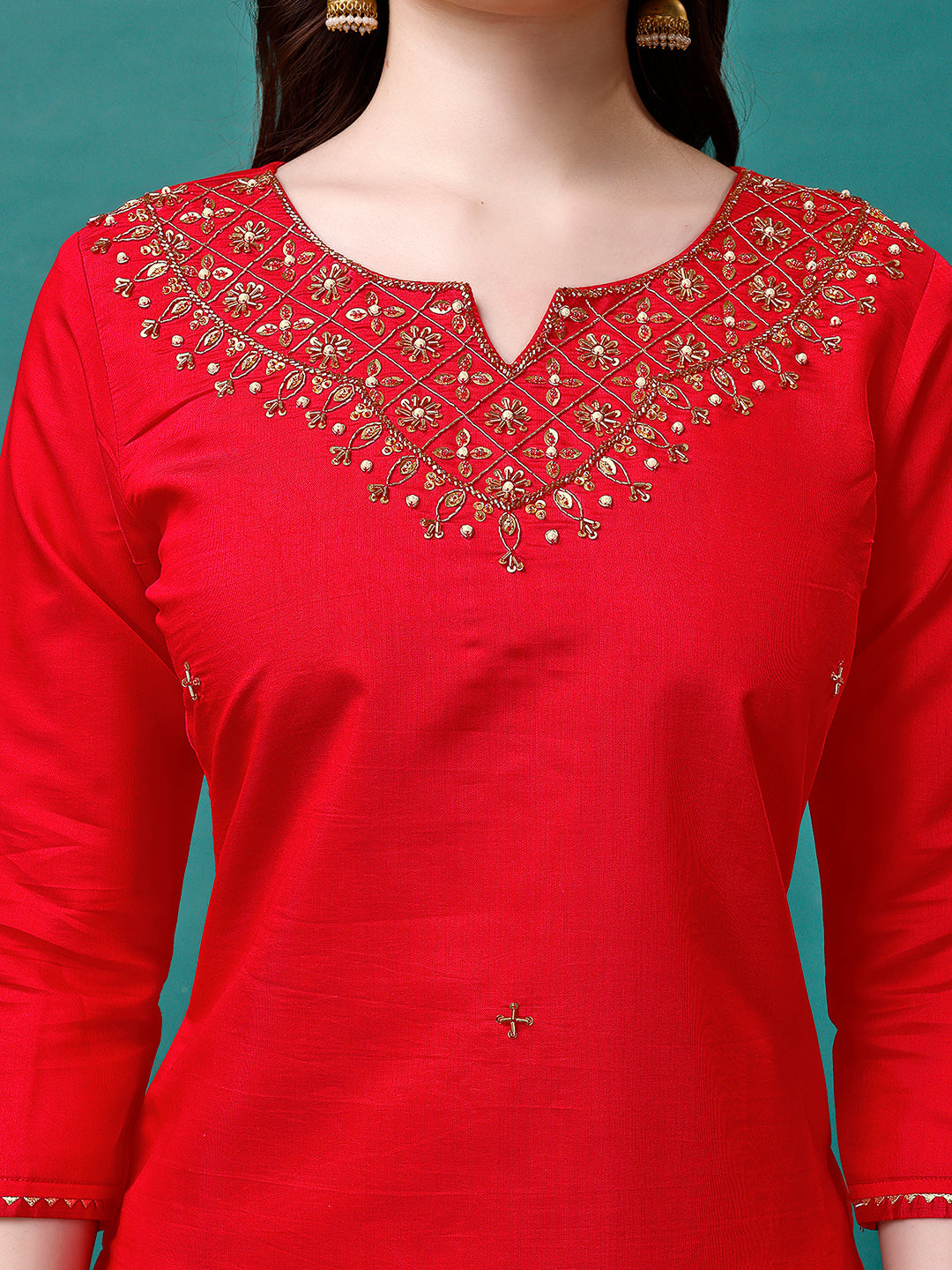 Hand Embroidered Kurta With Pant & Banarasi Jacquard Dupatta Premium, Multicolor - Hiral Fashion - Distacart