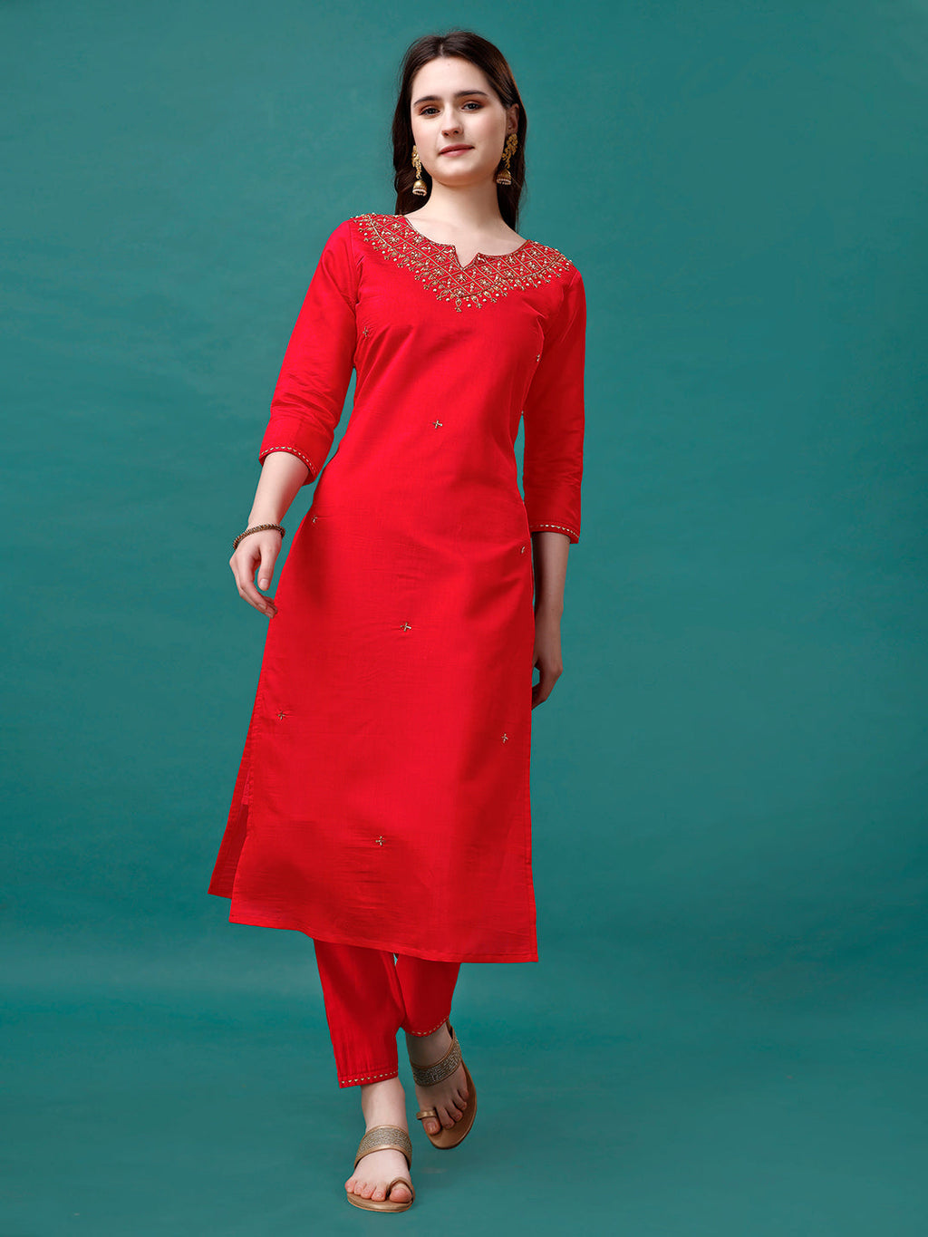Hand Embroidered Kurta With Pant & Banarasi Jacquard Dupatta Premium, Multicolor - Hiral Fashion - Distacart