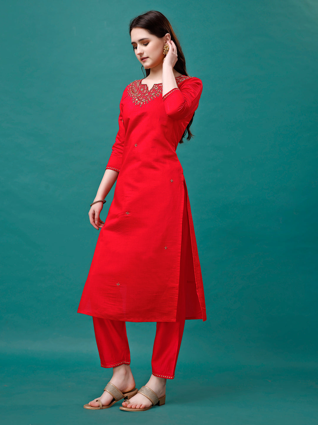 Hand Embroidered Kurta With Pant & Banarasi Jacquard Dupatta Premium, Multicolor - Hiral Fashion - Distacart