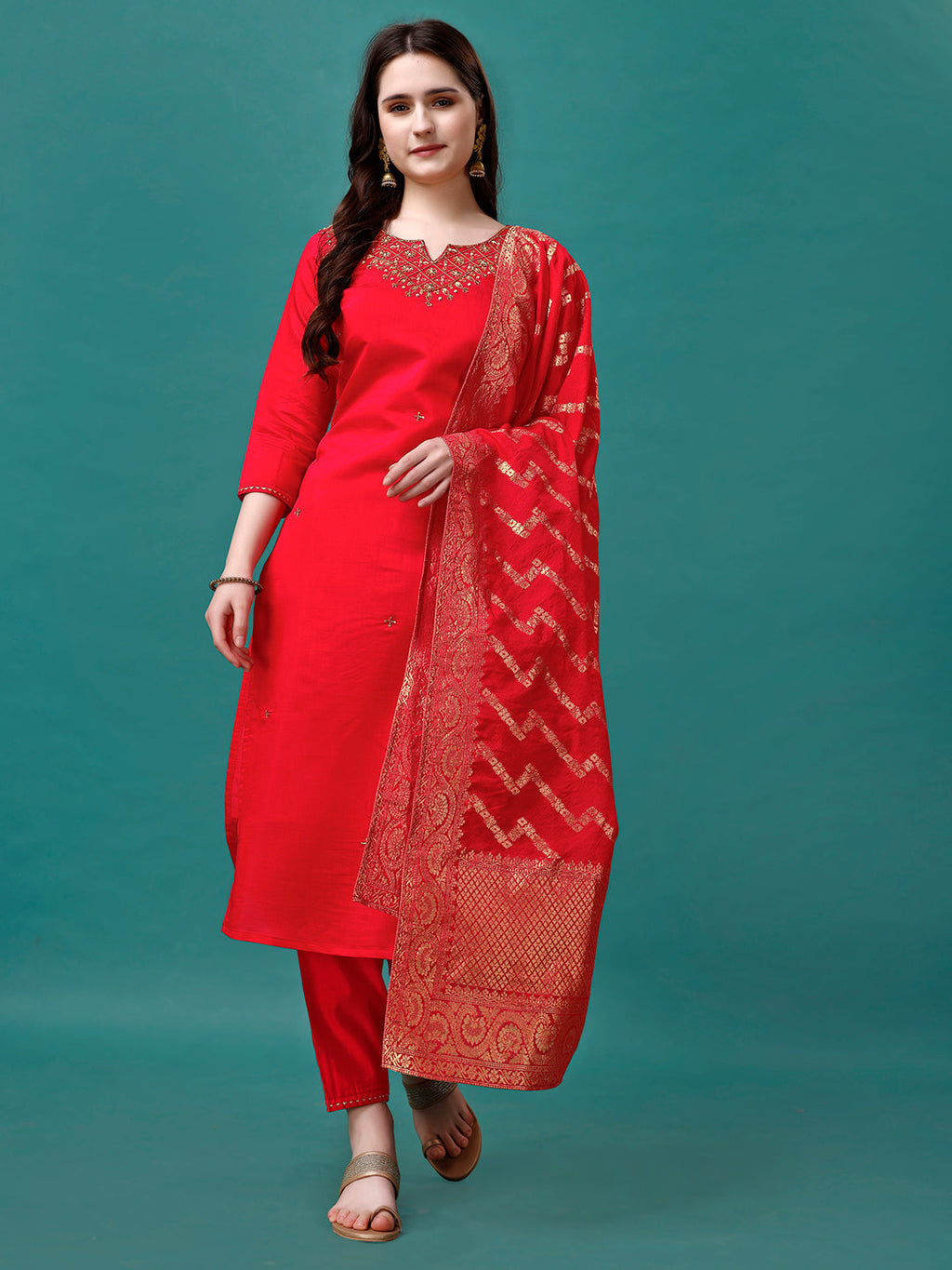 Hand Embroidered Kurta With Pant & Banarasi Jacquard Dupatta Premium, Multicolor - Hiral Fashion - Distacart
