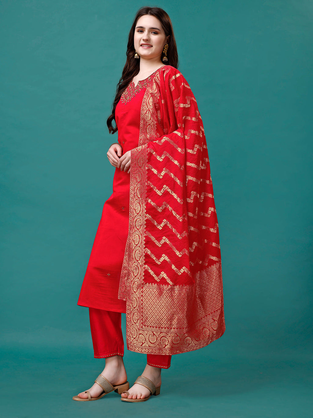 Hand Embroidered Kurta With Pant & Banarasi Jacquard Dupatta Premium, Multicolor - Hiral Fashion - Distacart