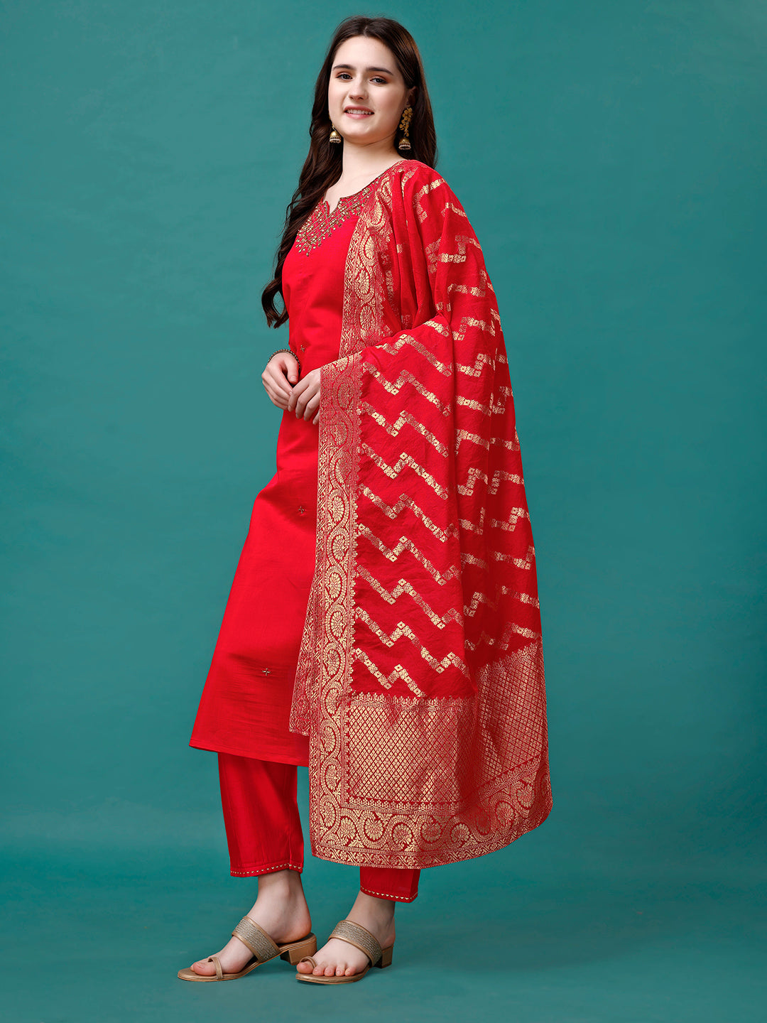 Hand Embroidered Kurta With Pant & Banarasi Jacquard Dupatta Premium, Multicolor - Hiral Fashion - Distacart