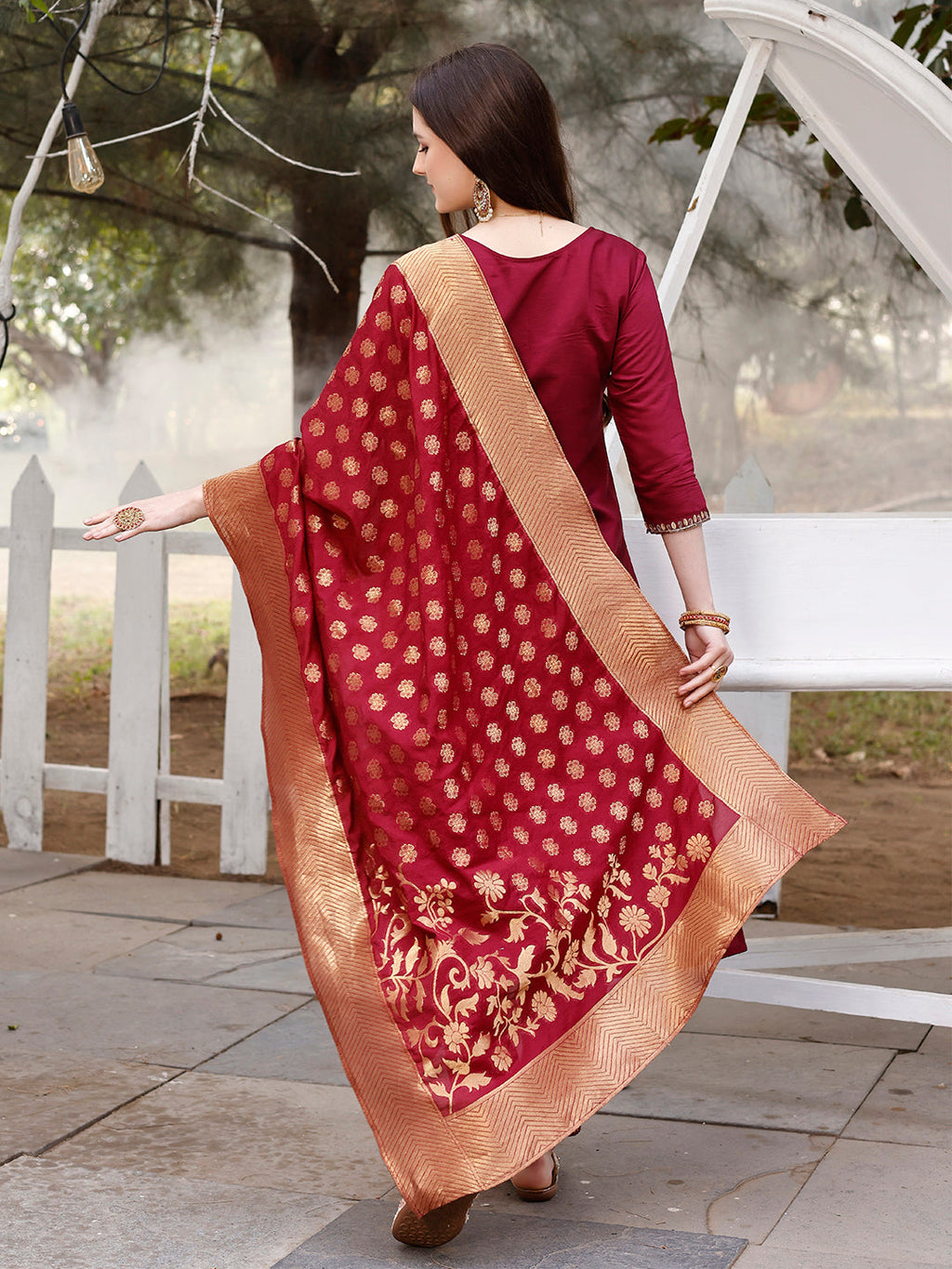 Hand Embroidered Kurta With Pant & Banarasi Jacquard Dupatta, Multicolor - Hiral Fashion