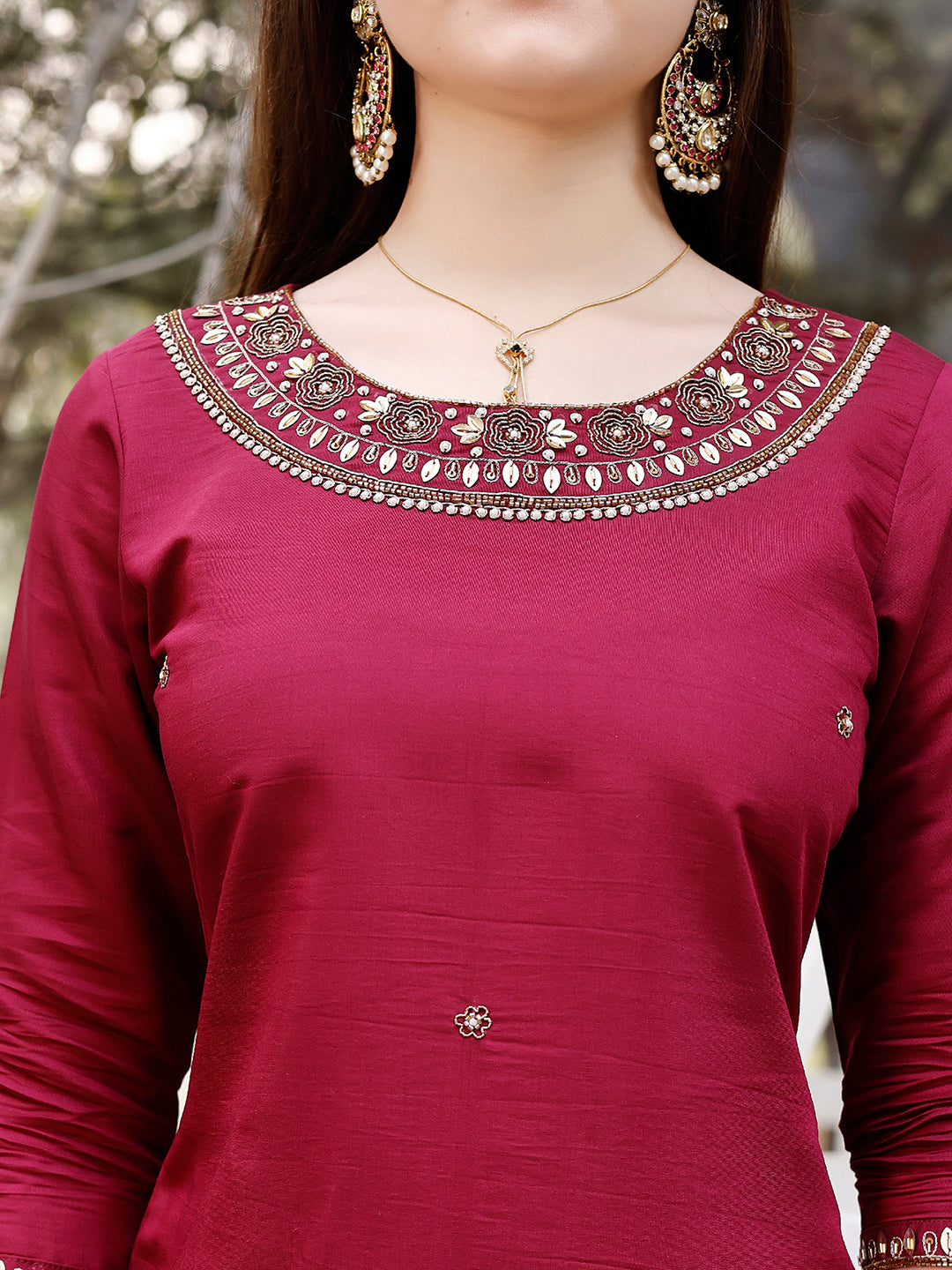 Hand Embroidered Kurta With Pant & Banarasi Jacquard Dupatta, Multicolor - Hiral Fashion