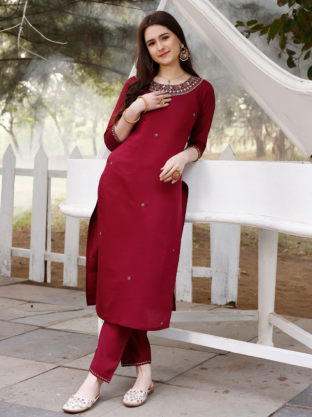 Hand Embroidered Kurta With Pant & Banarasi Jacquard Dupatta, Multicolor - Hiral Fashion