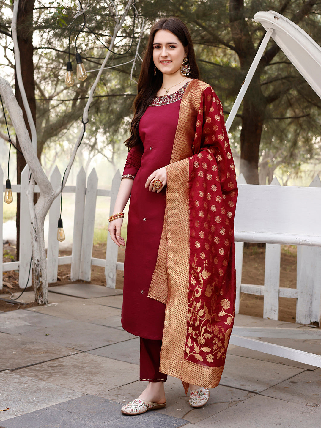 Hand Embroidered Kurta With Pant & Banarasi Jacquard Dupatta, Multicolor - Hiral Fashion