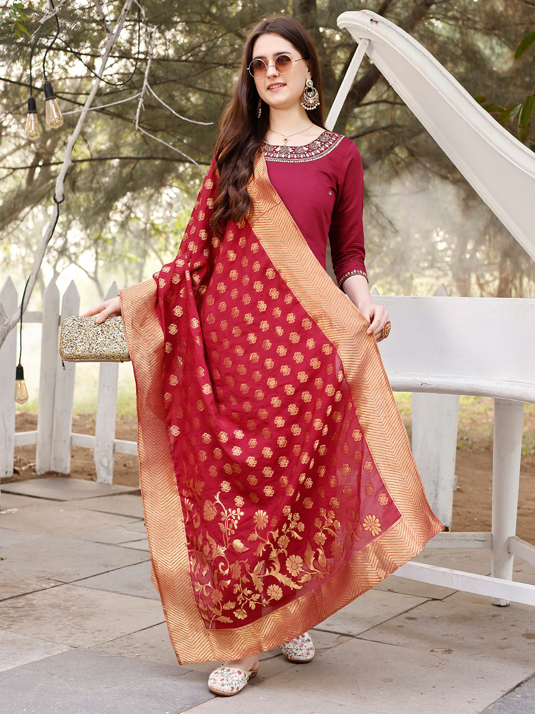 Hand Embroidered Kurta With Pant & Banarasi Jacquard Dupatta, Multicolor - Hiral Fashion