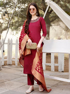Hand Embroidered Kurta With Pant & Banarasi Jacquard Dupatta, Multicolor - Hiral Fashion