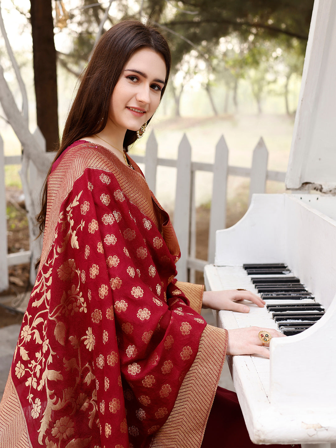 Hand Embroidered Kurta With Pant & Banarasi Jacquard Dupatta, Multicolor - Hiral Fashion
