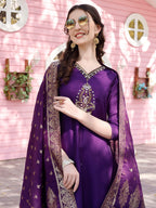 Hand Embroidered Purple Kurta With Pant & Banarasi Jacquard Dupatta Premium, Multicolor - Hiral Fashion - Distacart