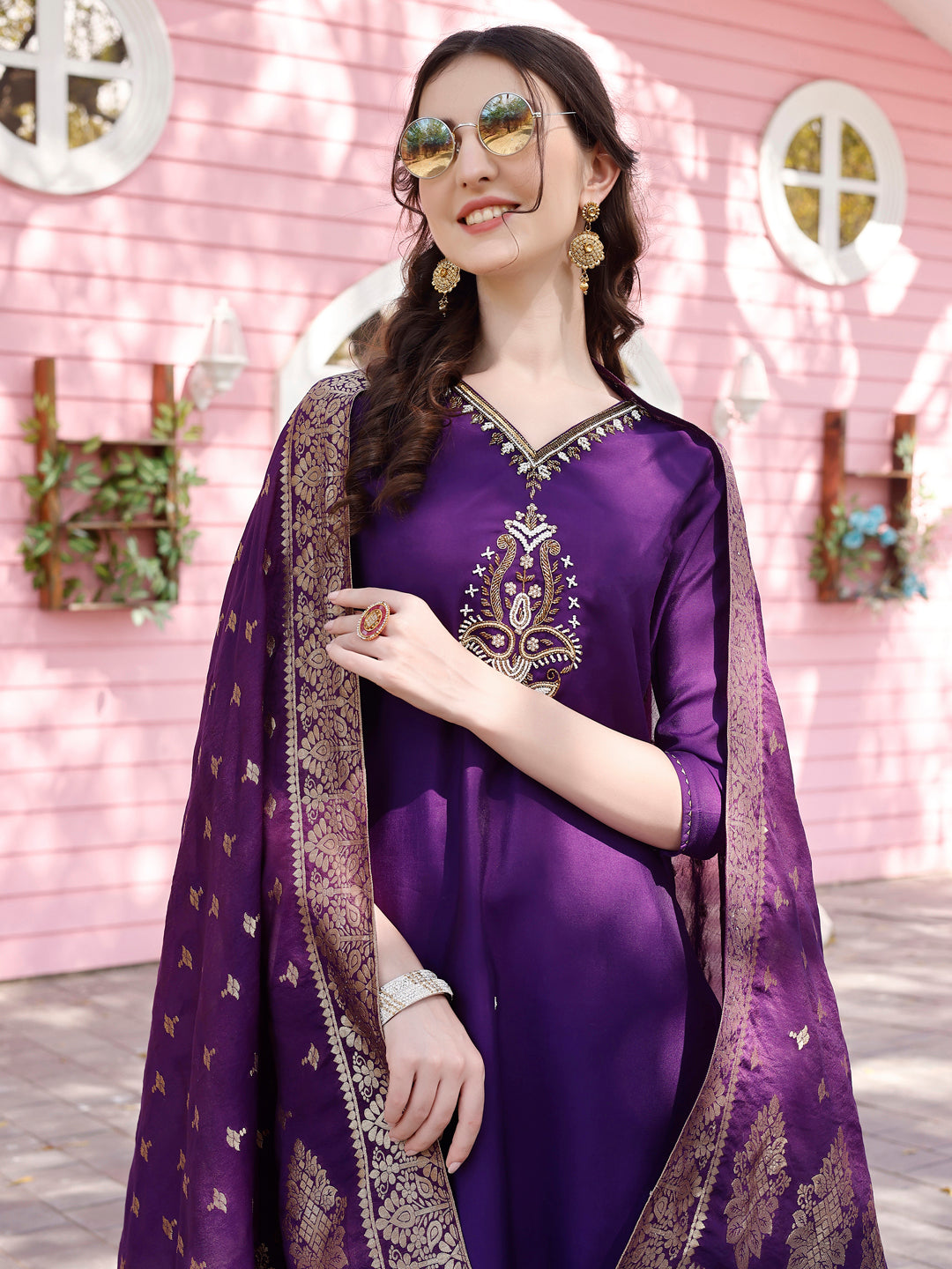 Hand Embroidered Purple Kurta With Pant & Banarasi Jacquard Dupatta Premium, Multicolor - Hiral Fashion - Distacart