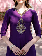 Hand Embroidered Purple Kurta With Pant & Banarasi Jacquard Dupatta Premium, Multicolor - Hiral Fashion - Distacart