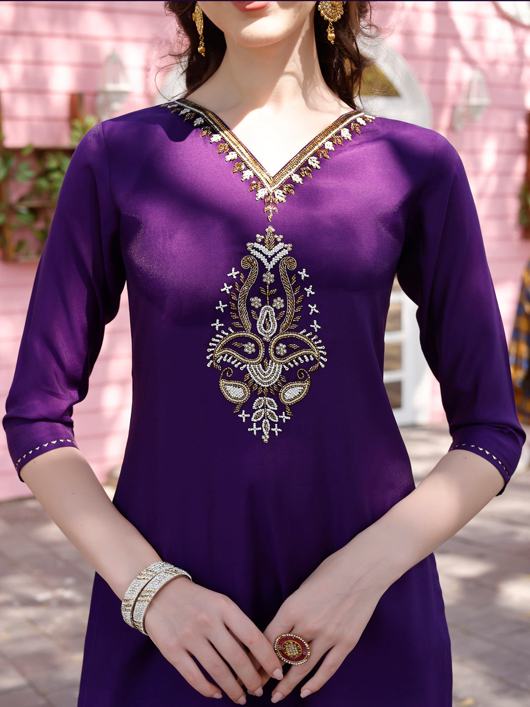 Hand Embroidered Purple Kurta With Pant & Banarasi Jacquard Dupatta Premium, Multicolor - Hiral Fashion - Distacart