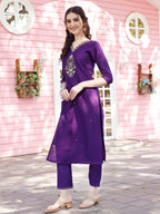 Hand Embroidered Purple Kurta With Pant & Banarasi Jacquard Dupatta Premium, Multicolor - Hiral Fashion - Distacart