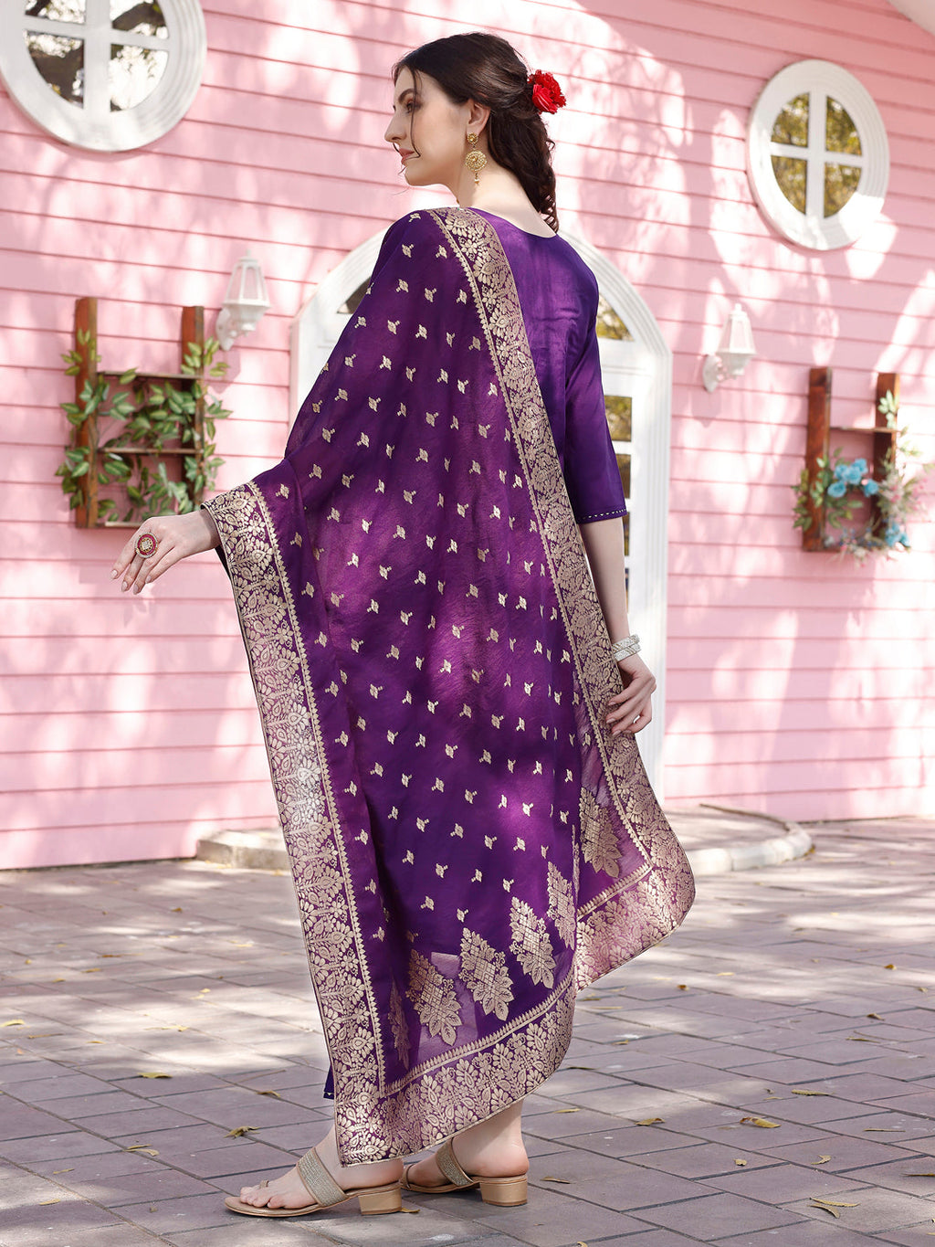 Hand Embroidered Purple Kurta With Pant & Banarasi Jacquard Dupatta Premium, Multicolor - Hiral Fashion - Distacart