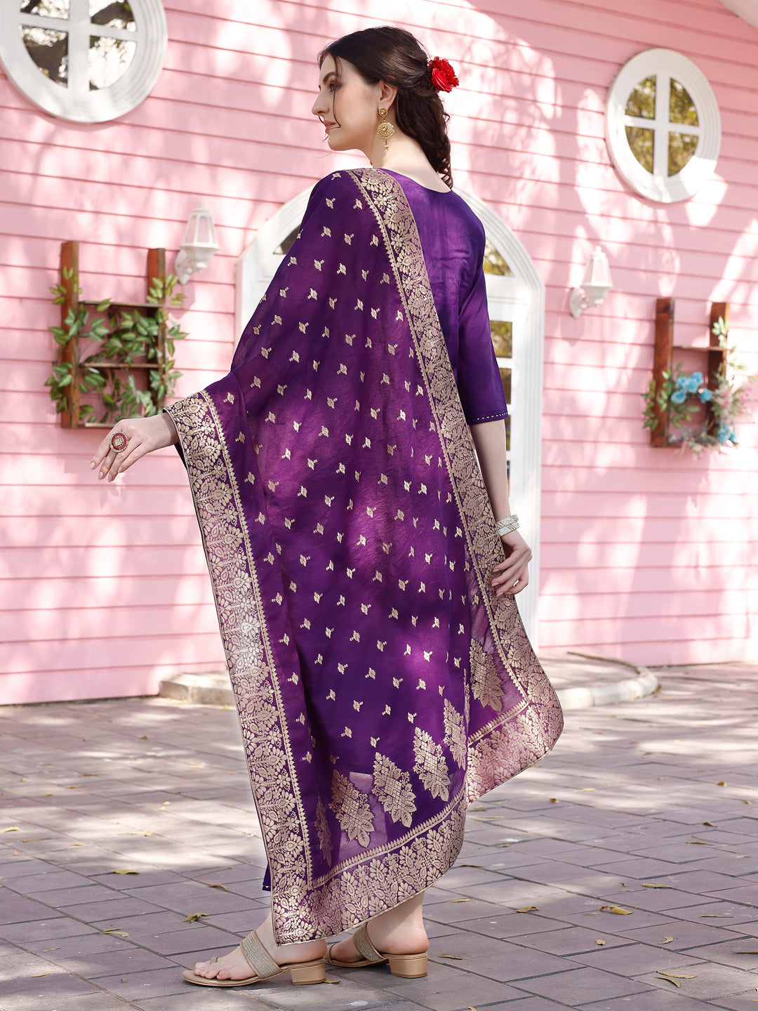 Hand Embroidered Purple Kurta With Pant & Banarasi Jacquard Dupatta Premium, Multicolor - Hiral Fashion - Distacart