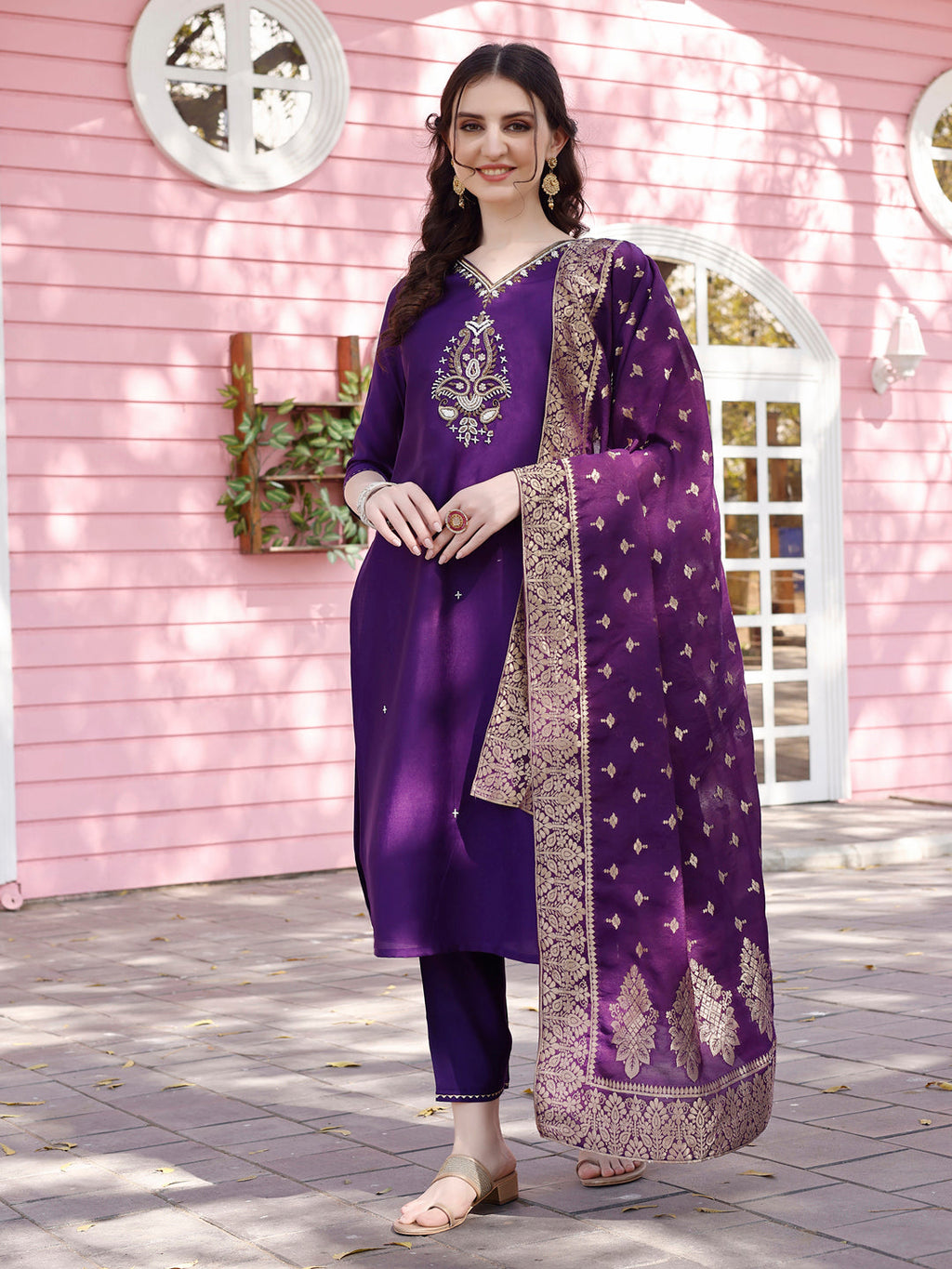 Hand Embroidered Purple Kurta With Pant & Banarasi Jacquard Dupatta Premium, Multicolor - Hiral Fashion - Distacart