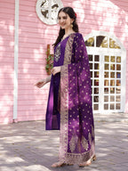 Hand Embroidered Purple Kurta With Pant & Banarasi Jacquard Dupatta Premium, Multicolor - Hiral Fashion - Distacart